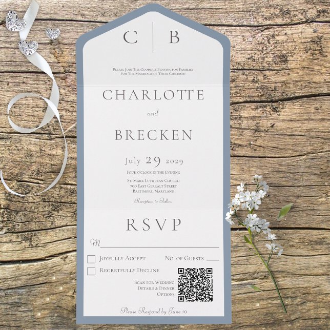 Invitación Todo En Uno Monograma azul y blanco turbio Código QR mínimo (Subido por el creador)