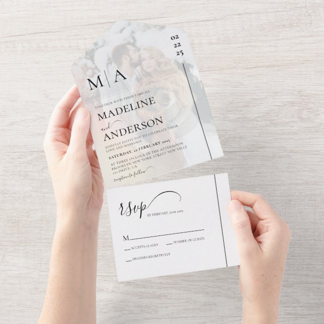 Invitación Todo En Uno Monograma blanco negro con Boda de fotografía supe (desgarro)