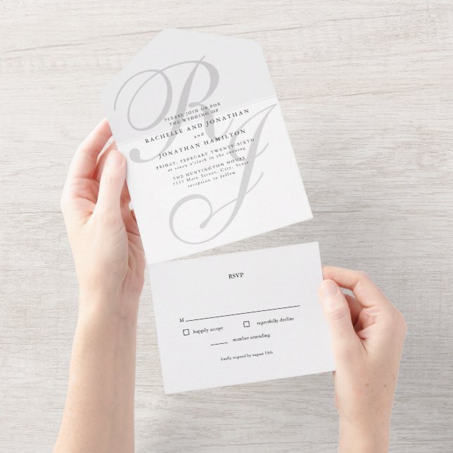 Invitación Todo En Uno Monograma blanco negro todo en un Boda (desgarro)