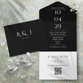 Invitación Todo En Uno Monograma blanco y negro Boda de código QR fecha