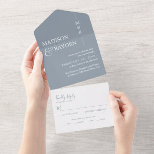 Invitación Todo En Uno Monograma boda azul pálido y blanco