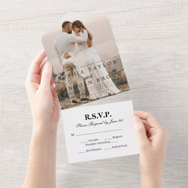 Invitación Todo En Uno Monograma Boda de caligrafía romántica (desgarro)