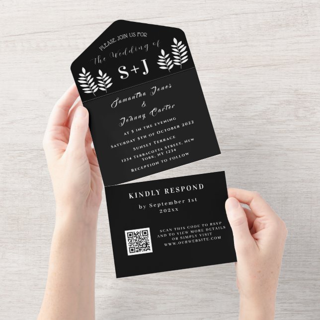 Invitación Todo En Uno Monograma Boda de código QR blanco simple blanco n (desgarro)