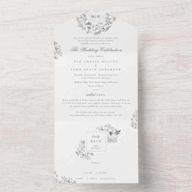 Invitación Todo En Uno Monograma Boda de Florales Botánicas Clásicas (Interior)