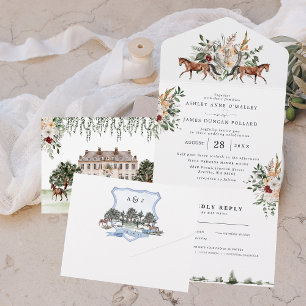 Invitación Todo En Uno Monograma   Boda de Mansión Inglesa Ecuestre
