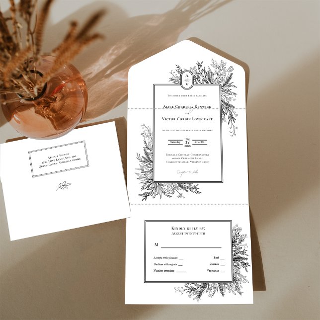 Invitación Todo En Uno Monograma Boda de verde blanco y negro (Subido por el creador)