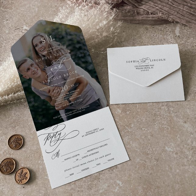 Invitación Todo En Uno Monograma Boda fotográfico oscuro de caligrafía ro (Subido por el creador)