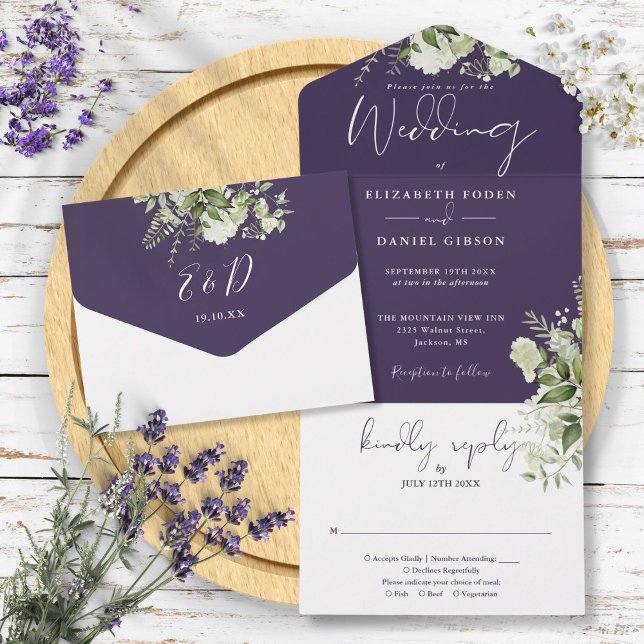 Invitación Todo En Uno Monograma Botánico Verde de Boda Púrpura  (Purple Botanical Greenery Monogram Wedding All In One Invitation)