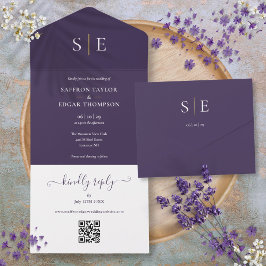 Invitación Todo En Uno Monograma Código QR Boda Púrpura Y Oro