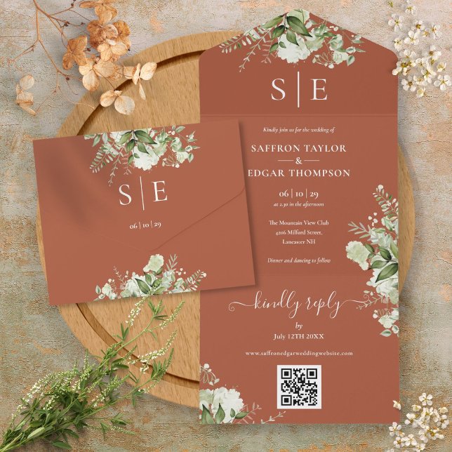 Invitación Todo En Uno Monograma Código QR Verdor Terracotta Boda (Monogram QR Code Greenery Terracotta Wedding All In One Invitation)