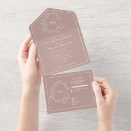 Invitación Todo En Uno Monograma de boda con cresta frondosa rosa polvori