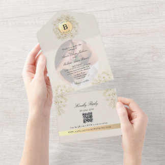 Invitación Todo En Uno Monograma de Boda con Foto en Marfil