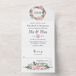 Invitación Todo En Uno Monograma de boda de flamenco rosa tropical exótic