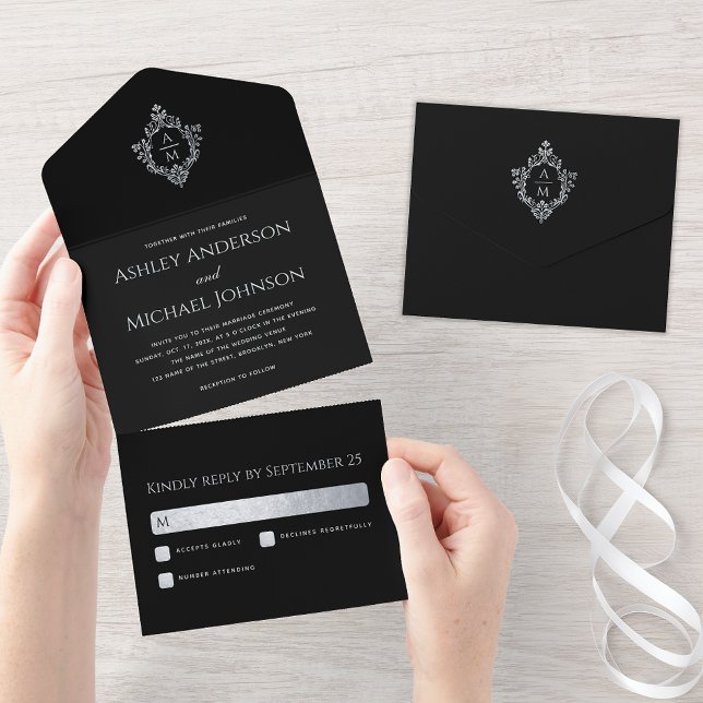 Invitación Todo En Uno Monograma de boda de la vendimia negra y RSVP escu (Subido por el creador)