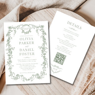Invitación Todo en uno Monograma de Boda Verde Salvia Victori