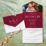 Invitación Todo En Uno Monograma de Borgoña Boda de foto fecha<br><div class="desc">Una elegante invitación a la boda minimalista todo en uno con fotos, fechas especiales y detalles de bodas enmarcados en una tipografía clásica de moda. La invitación incluye una tarjeta RSVP perforada que puede ser dirigida individualmente o dejada en blanco para que pueda escribir a mano los detalles de la...</div>