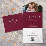 Invitación Todo En Uno Monograma de Borgoña Código QR Fecha Boda de foto<br><div class="desc">Una elegante invitación a la boda minimalista todo en uno con fotos,  fechas especiales y detalles de bodas enmarcados en una tipografía clásica de moda. La invitación incluye una tarjeta RSVP perforada con el código QR de su sitio web boda y detalles. Diseñado por Thisisnotme©</div>