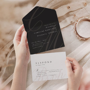 Invitación Todo En Uno Monograma de caligrafía Black White Classic Elegan