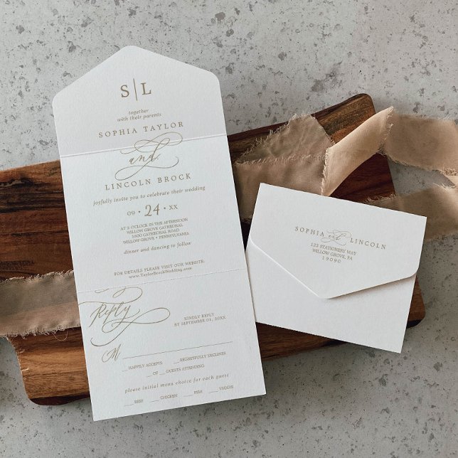 Invitación Todo En Uno Monograma de caligrafía de oro romántico Boda (Subido por el creador)