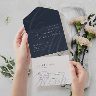 Invitación Todo En Uno Monograma de caligrafía Navy Blue Elegance