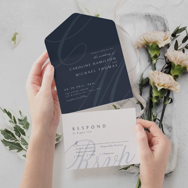 Invitación Todo En Uno Monograma de caligrafía Navy Blue Elegance (Navy Blue Classic Elegance calligraphy monogram All In One Invitation)