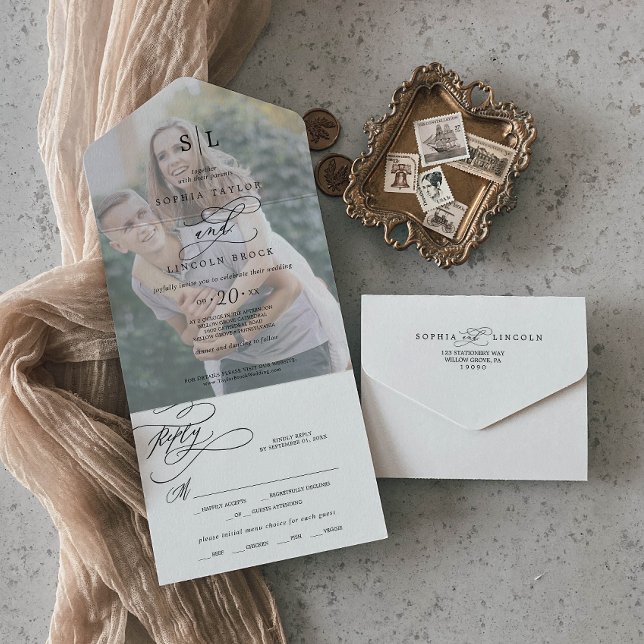 Invitación Todo En Uno Monograma de caligrafía romántica Boda fotográfico (Subido por el creador)