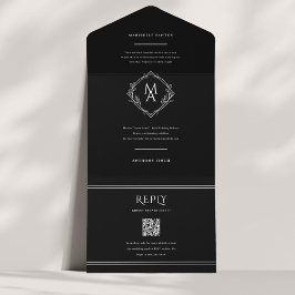 Invitación Todo En Uno Monograma de diamantes Boda negro floral todo en u
