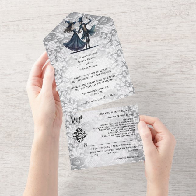 Invitación Todo En Uno Monograma de encaje oscuro Skeleton Boda de código (desgarro)