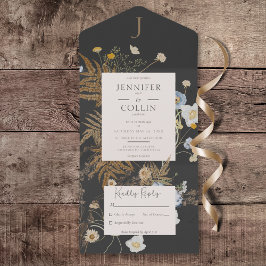 Invitación Todo En Uno Monograma de flores silvestres rusas negro sin cen