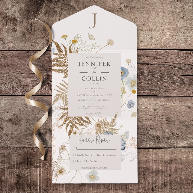 Invitación Todo En Uno Monograma de flores silvestres rusticas sin cena (Rustic Wildflowers Monogram Cream All in One Wedding Invitation without Dinner Options)