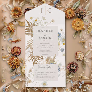 Invitación Todo En Uno Monograma de flores silvestres rusticas sin cena