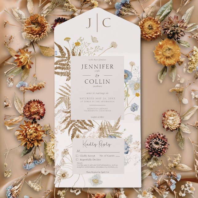 Invitación Todo En Uno Monograma de flores silvestres rusticas sin cena (Rustic Wildflowers Monogram Cream No Dinner All In One Invitation)