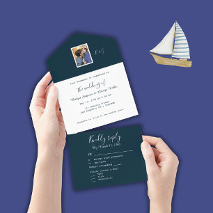 Invitación Todo En Uno monograma de fotografía de pareja costera blanca a