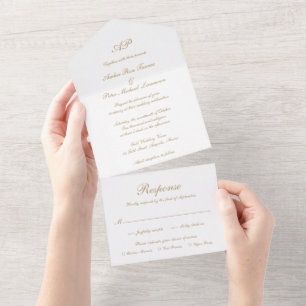 Invitación Todo En Uno Monograma de guión formal oro Boda elegante