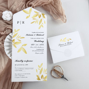 Invitación Todo En Uno Monograma de Hojas de Oro Boda Elegante