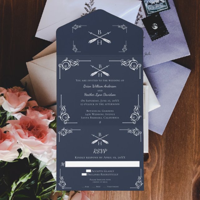 Invitación Todo En Uno Monograma de la Marina y Boda de Flechas (Navy Monogram and Arrows Wedding All in One Invitation)