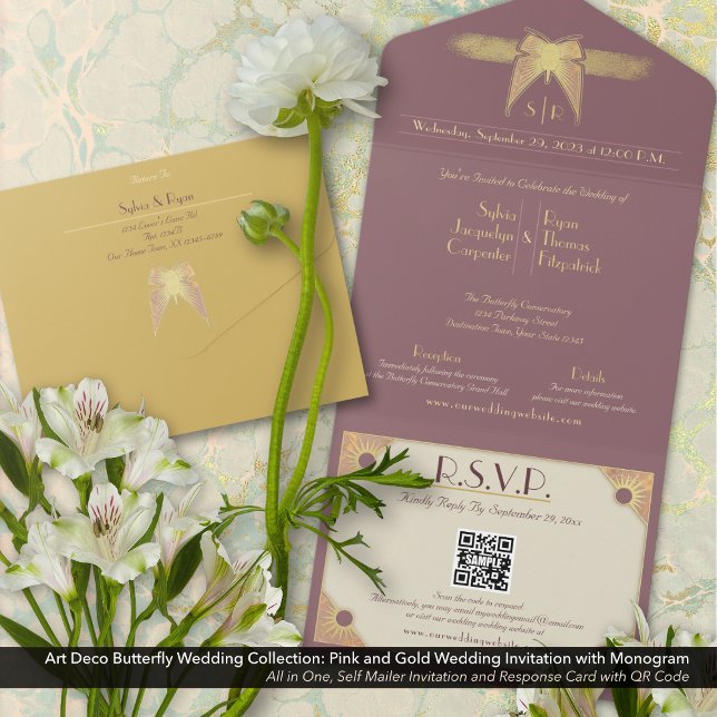 Invitación Todo En Uno Monograma de mariposa Art Deco Boda de oro rosa (Art Deco Butterfly All In One Wedding Invitation: Antique Gold and Dusty Pink/Mauve with Monogram.)