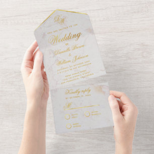 Invitación Todo En Uno Monograma de mármol blanco con falso oro elegante