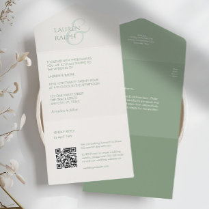 Invitación Todo En Uno Monograma de sabio y marfil QR todo en una invitac