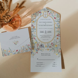 Invitación Todo En Uno Monograma del Boda azul turbio vintage