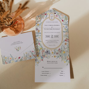 Invitación Todo En Uno Monograma del Boda de lavadora de flores silvestre