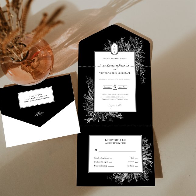 Invitación Todo En Uno Monograma del Boda de verde blanco y negro (Subido por el creador)