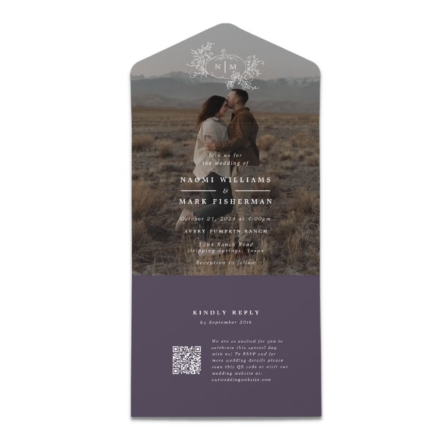 Invitación Todo En Uno Monograma del Boda fotográfico de las vides de cal (Subido por el creador)