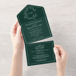 Invitación Todo En Uno Monograma del Escudo de Leafy Verde Esmeralda del