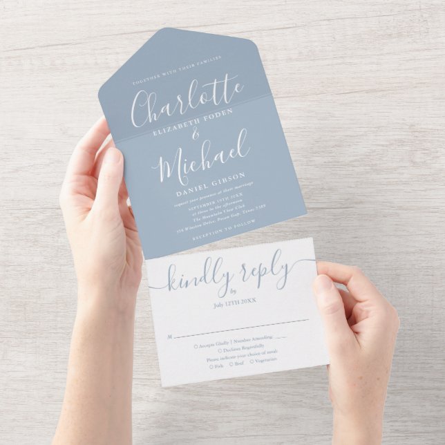Invitación Todo En Uno Monograma Dusty Blue Modern Script Boda (desgarro)