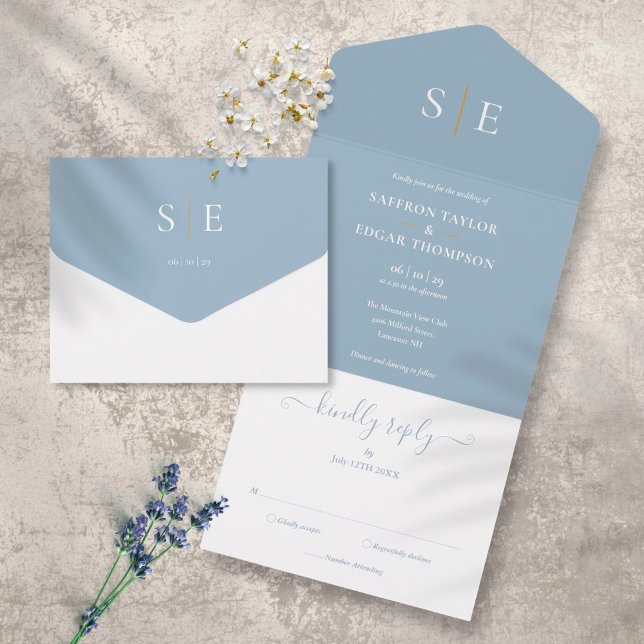 Invitación Todo En Uno Monograma Elegante Boda Dusty Azul Y Oro (Subido por el creador)