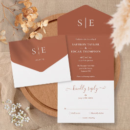 Invitación Todo En Uno Monograma elegante Boda Minimalista de Terracota