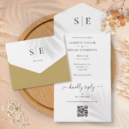 Invitación Todo En Uno Monograma Elegante Oro Negro Boda de código QR