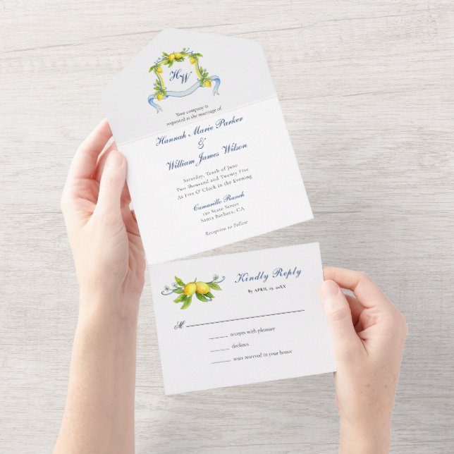 Invitación Todo En Uno Monograma Escudo acuarela Boda Lemons (desgarro)