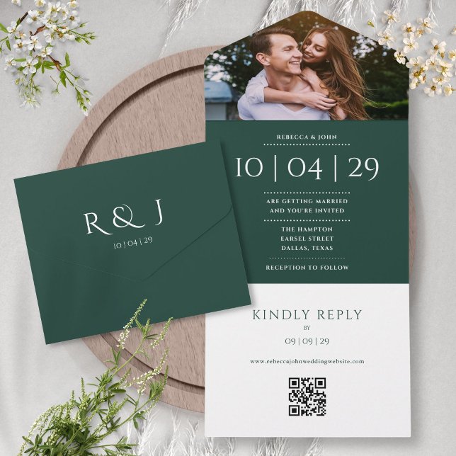 Invitación Todo En Uno Monograma esmeralda Código QR Fecha Boda de foto (Emerald Monogram QR Code Photo Wedding Date All In One Invitation)